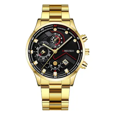 Men's Chronograph Watch Black Red Dial Stainless Steel Strap