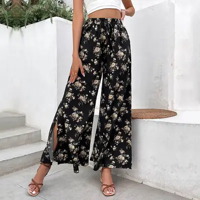 Black Floral Wide Leg Pants for Women Summer