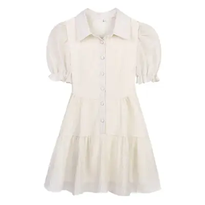 Puff Sleeve French Dress Summer Polo Collar Slim Shirt A-Line Short Skirt Trendy Girl Dress