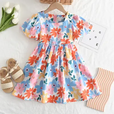Korean Style Floral Dress for Girls Summer Puff Sleeve