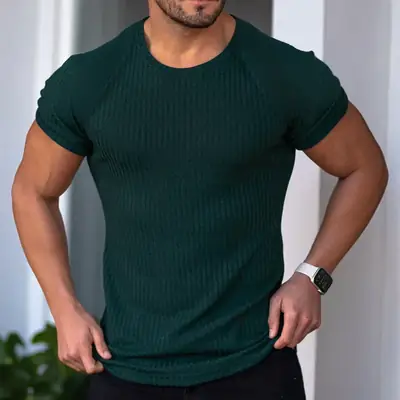 Men Red Ribbed T-Shirt Summer Fitness Wear