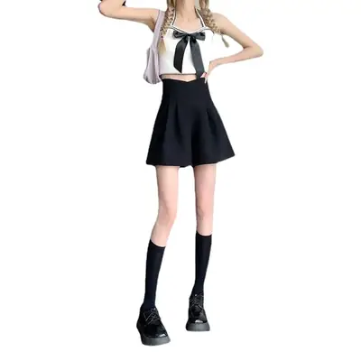 Women Black Wide Leg High Waist Shorts Set
