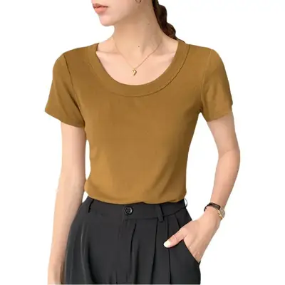 Women Cotton U-Neck T-Shirt Olive Green Short Sleeve 2025