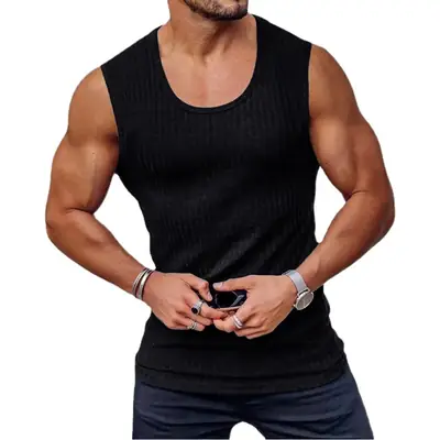 Men's White Vertical Stripe Muscle Vest I-Shape