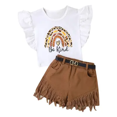White Flying Sails T-Shirt with Heart Print + Brown Fringed Shorts Set
