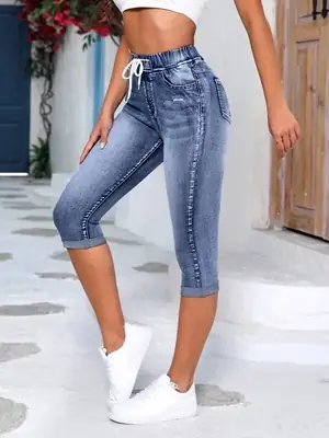 Women's Ripped High-Stretch Denim Capri Pants with Drawstring Waist