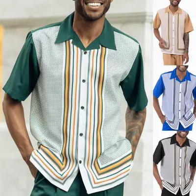 2023 Men Printed Short Sleeve Shirt Tan White Striped