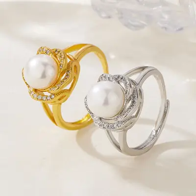 Korean Fresh Water Pearl Ring Full Diamond Zircon Gold