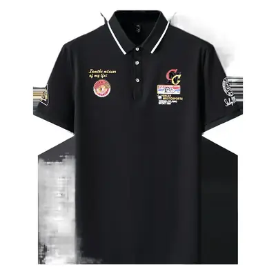 Black Printed Polo Shirt with Embroidered Design