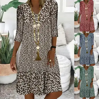 Printed V Neck Mid Sleeve Dress for Women 2025