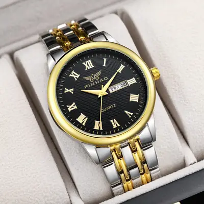 Men's Waterproof Roman Scale Quartz Watch Gold Silver Band
