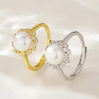 Adjustable Pearl Flower Rings Gold Silver Adjustable