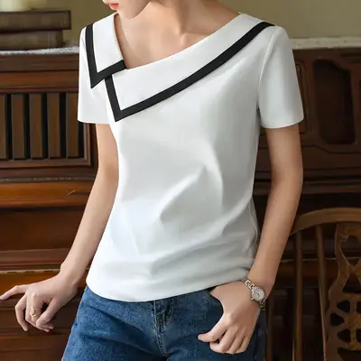 Women Black V-Neck Cotton T-Shirt Summer 2025