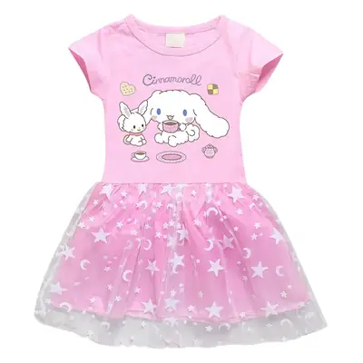 Pink Starry Mesh Girl's Dress Half Sleeve Summer