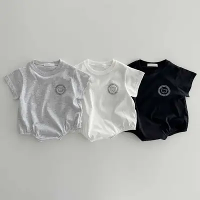 White Printed Bear Flower Baby Crawling Jumpsuit for Kids