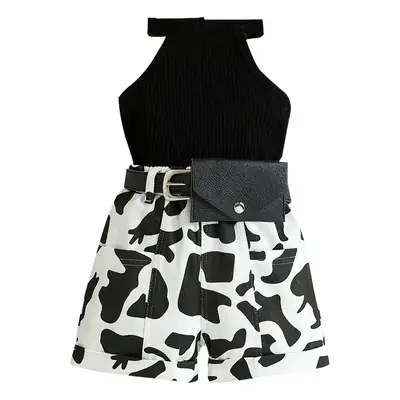 Girls Cow Print Sleeveless Vest Set Brown White