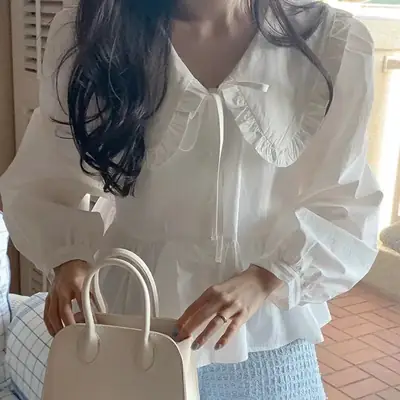 Women White Long Sleeve Doll Collar Shirt with Wooden Ear Lace Bow