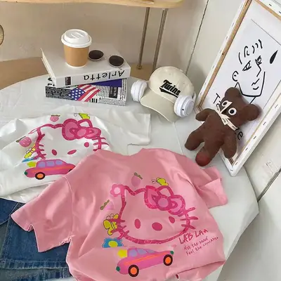 100% Cotton Hello Kitty T-Shirt for Girls Pink White
