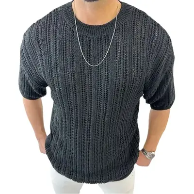 Men's White Knit Hollow Short Sleeve T-Shirt