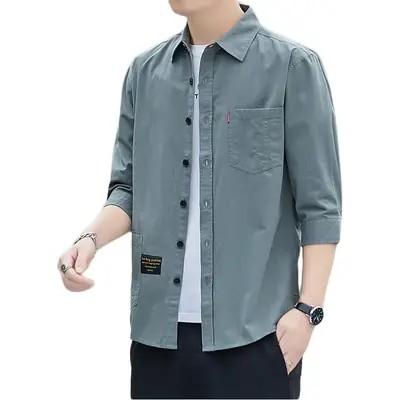 Men Grey Seven-Sleeve Casual Shirt Seven-Piece