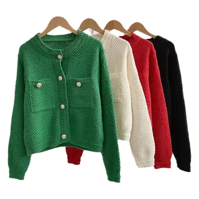 Women's 2023 Round Neck Sweater Jacket White Waffle