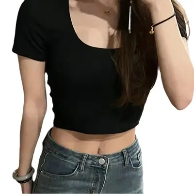 Women's Stretch Rayon U-Collar T-Shirt Maroon Short Sleeve