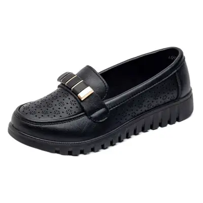 Women Black Heel Loafers Genuine Leather Summer Flats