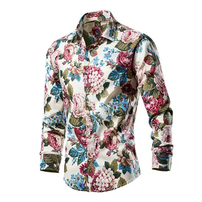 Men's Long Sleeve Lapel Shirt Black Floral Pattern