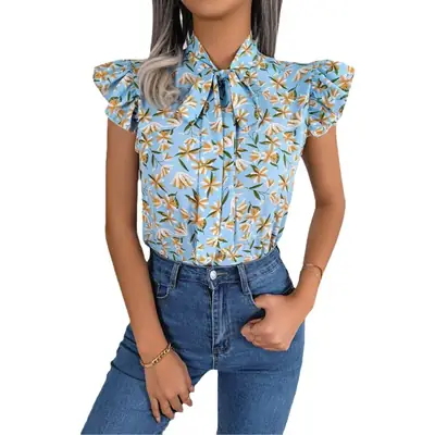 Women Floral Bow Chiffon Shirt Summer Wear