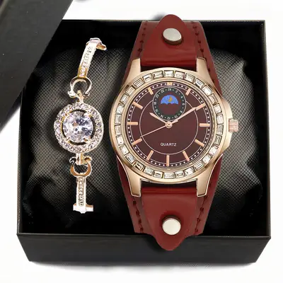 Ladies Quartz Watch Set Green Strap Diamond Bracelet