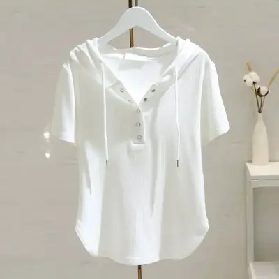 White Hooded T-Shirt Women 2025 Summer Loose Fit
