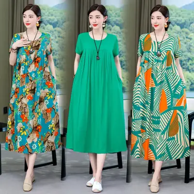2023 New High-End Floral Cotton Silk Dress Women Summer Elegant Mother Belly Cover Plus Size