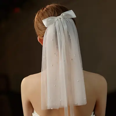 Short Pearl Bridal Veil Double Layer Retro White Bow