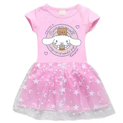 2023 New Arrival Korean Style Girl's Dress Half Sleeve Summer Girl's Cartoon Star Mesh Short Sleeve Princess Dress