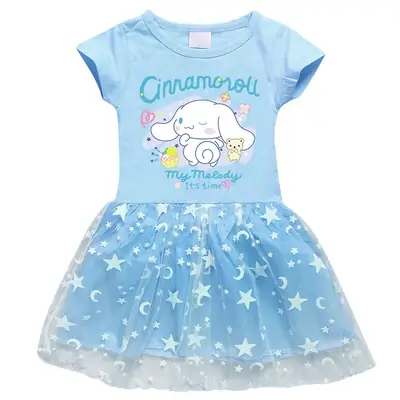 2023 New Arrival Korean Style Girl's Dress Half Sleeve Summer Girl's Cartoon Star Mesh Short Sleeve Princess Dress