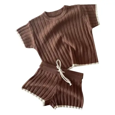 Baby Sweater Set Beige Striped Short Sleeve Casual Wear