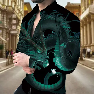 Men's 3D Printed Dragon Shirt Long Sleeve Dark Green
