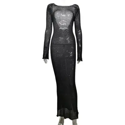 2025 Summer See-Through Long Sleeve Knitted Blouse Large