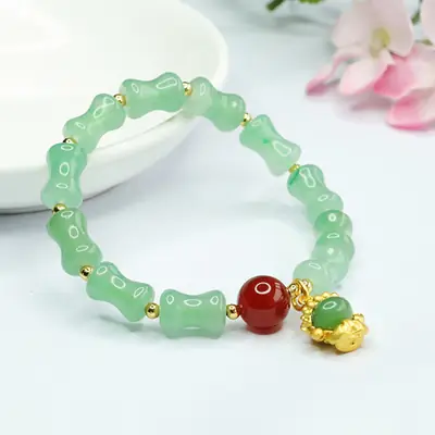 Guan Yu Natural Aventurine Bamboo Knot Bracelet Small Buddha