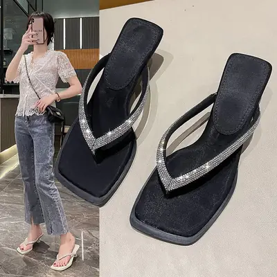 2023 Summer New Square Head Rhinestone Flip-Flops Women's Korean Style Clip-Flip-Flops High Heel Sandals for Outer Wear