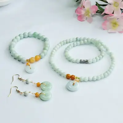 Guan Yu Natural Jade Bracelet Earring Hooks Three-Piece Set