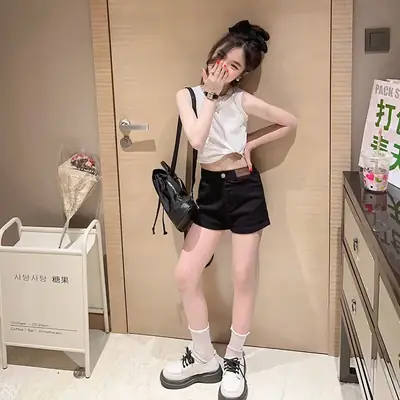 Girls Sleeveless Vest Shorts Set Black White Summer