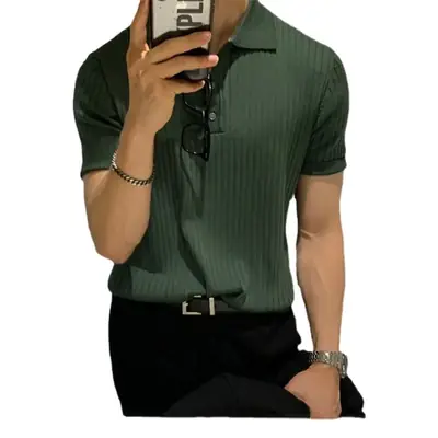 Men's Brown Ribbed Polo Short Sleeve Loose Casual Summer T-Shirt Bottoming Shirt