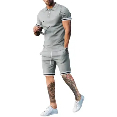 Men Green Short Sleeve Sports Shorts Set