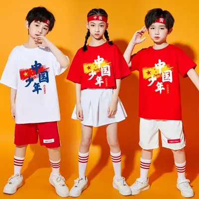 Chinese Kids Red T-Shirt Shorts Set for School Dance