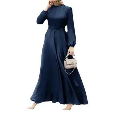 Women Muslim Long Sleeve Robe Dress Maroon Tight Waist