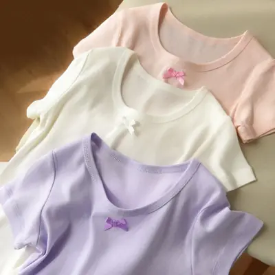 Lilac Cotton Round Neck Bow Short Sleeve Girl's T-Shirt