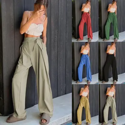 Women Loose Red Wide Leg Pants High Waist Casual Summer