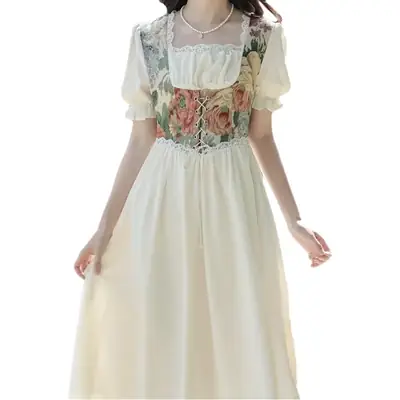 French Court Princess Floral Two-Piece Dress Women Summer