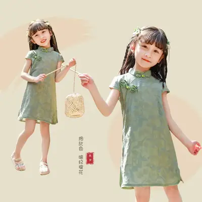 Girls Chinese Style 2025 Dress Pure Color Thin Cheongsam